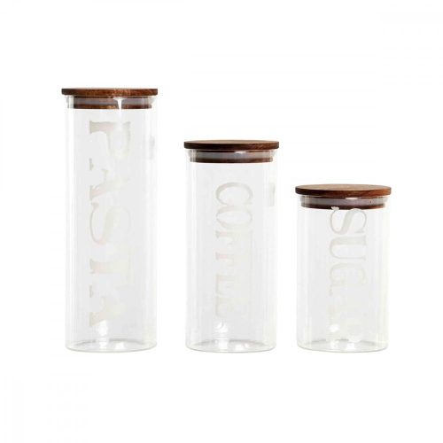 3 Gyurma szett DKD Home Decor 10,2 x 10,2 x 27,7 cm Természetes Átlátszó Akácfa Betűk Boroszilikát üveg