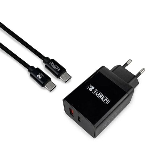 Fali töltő + USB A - USB C Kábel Subblim CARGADOR ULTRA RAPIDO 2xUSB DE PARED PD18W+2.4A + Cable C to C Negro